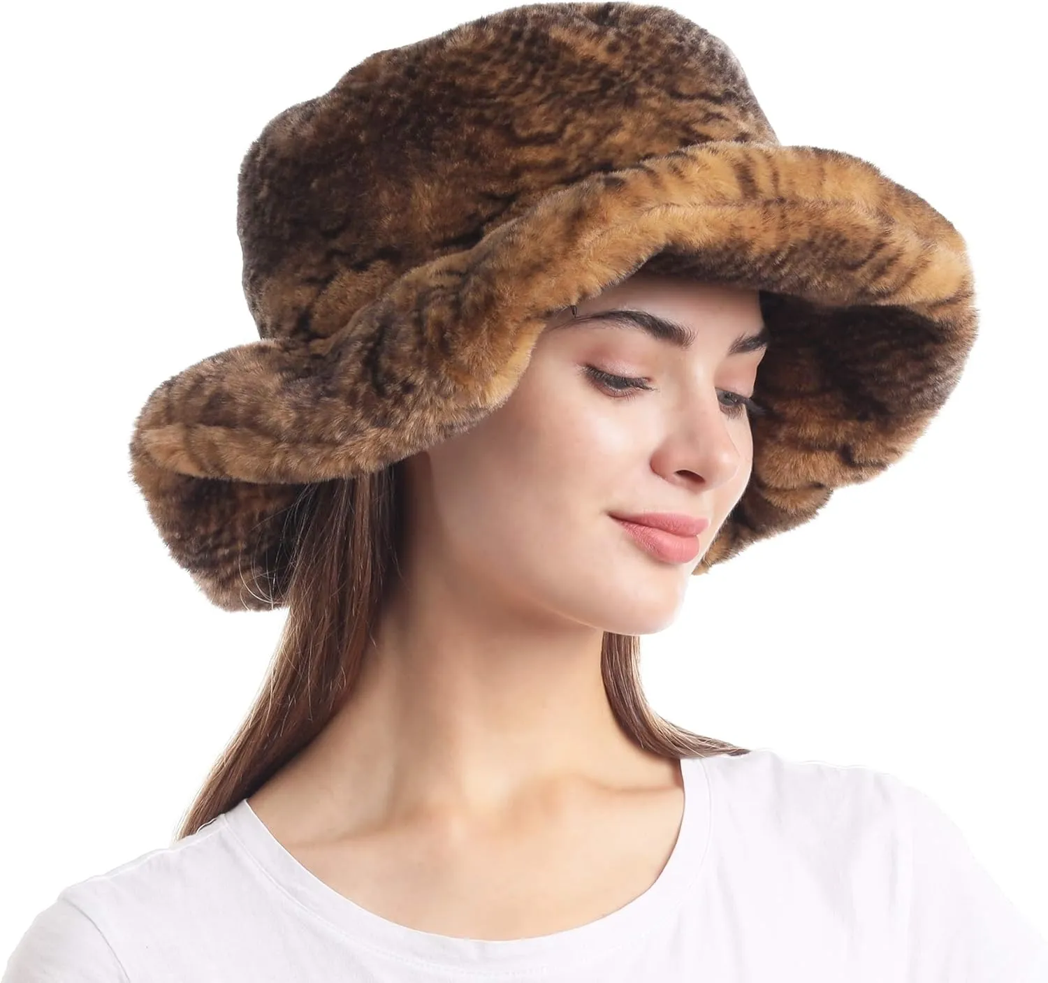 LA CARRIE Women's Snakeskin Print Faux Fur Bucket Hat Winter Warmer Fisherman Cap