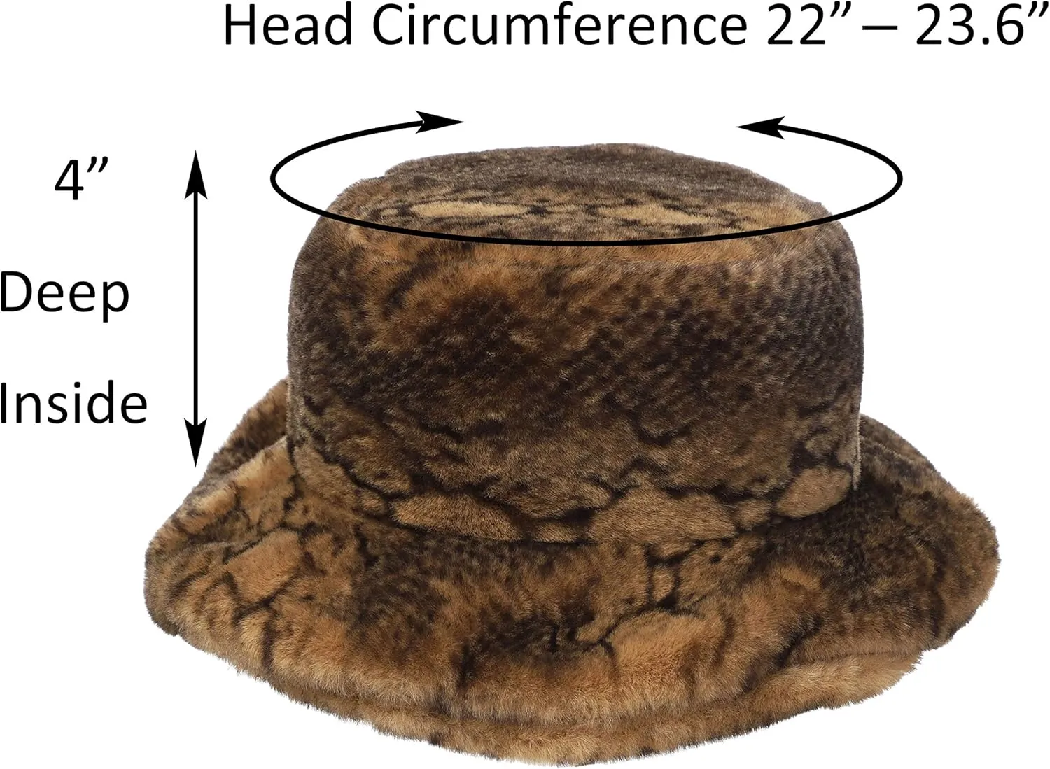 LA CARRIE Women's Snakeskin Print Faux Fur Bucket Hat Winter Warmer Fisherman Cap