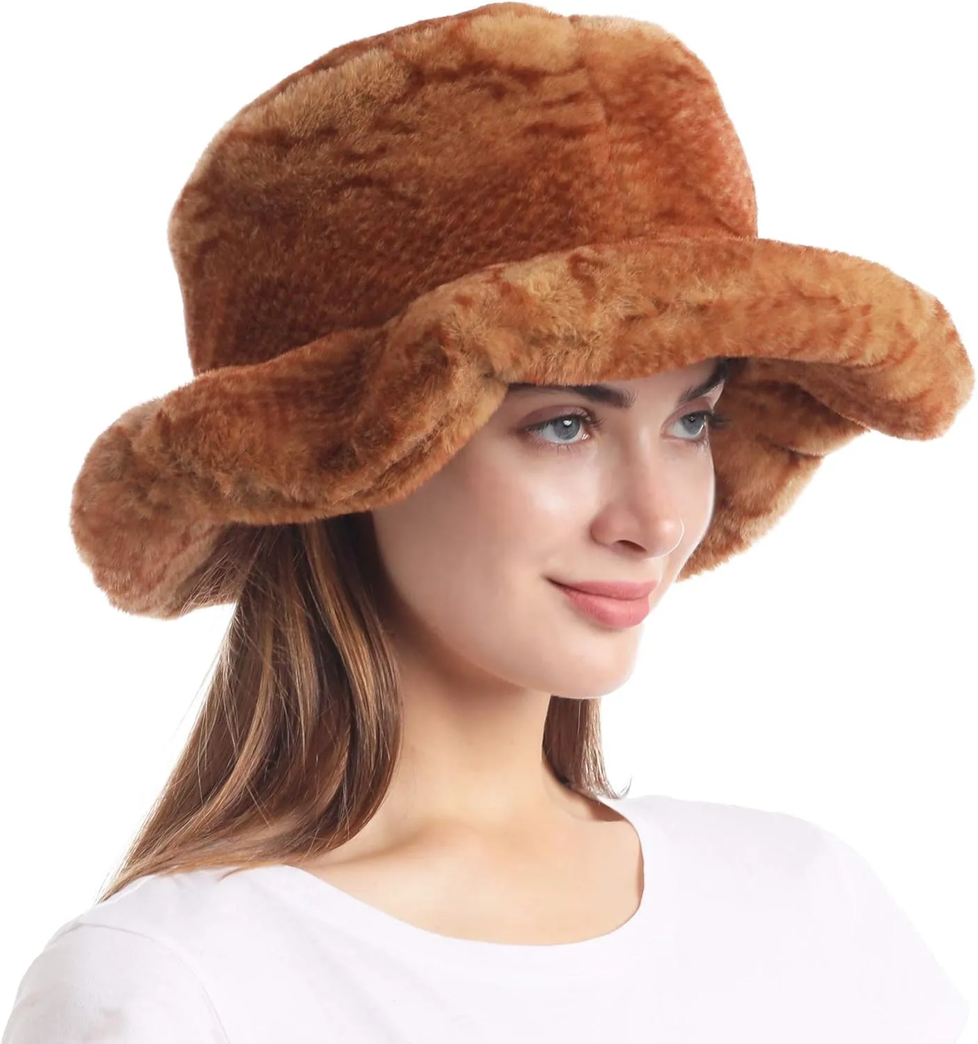 LA CARRIE Women's Snakeskin Print Faux Fur Bucket Hat Winter Warmer Fisherman Cap