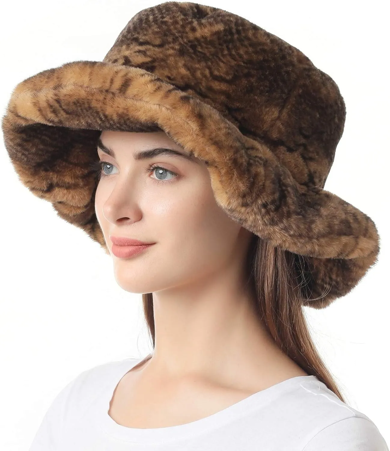 LA CARRIE Women's Snakeskin Print Faux Fur Bucket Hat Winter Warmer Fisherman Cap