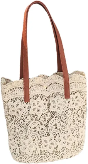 Lace Bucket Bag for Women Fashion Shoulder Beach Bag Polyester Cotton Material Large Capacity for Beach Pool Shopping Travel