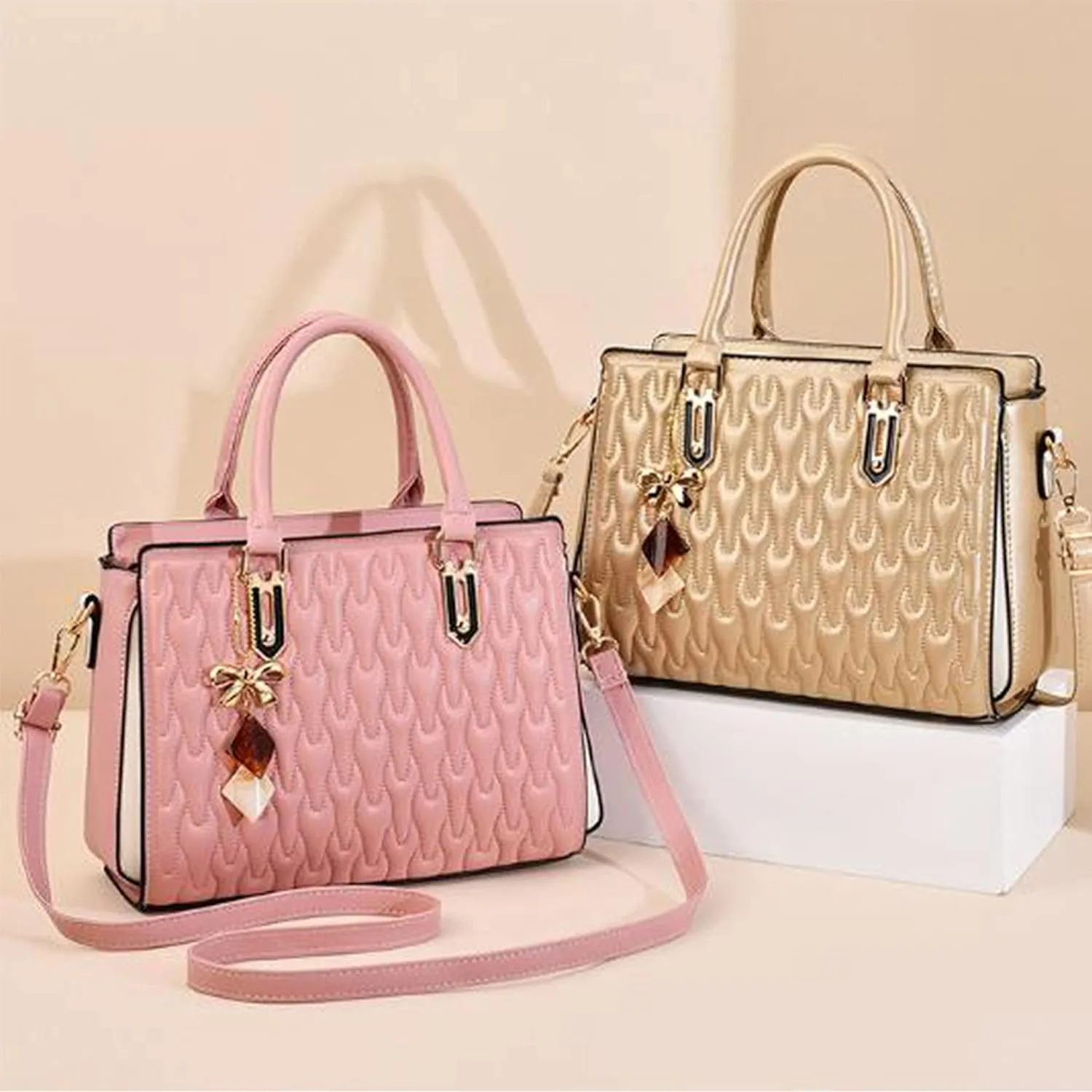 Ladies Soft Embossed Bags Women Handbags Large Capacity Tote Bag Leather Ladies Shoulder Bags, Pink