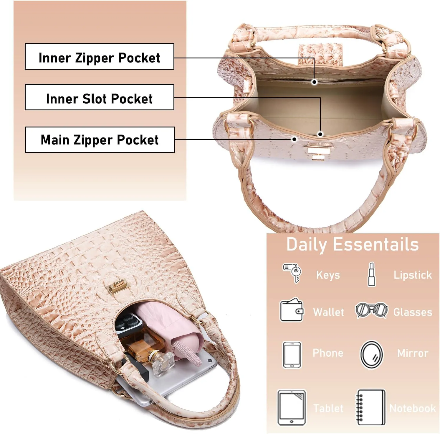 Ladies Tote Leather Bags for Women Crocodile Embossed Zipper Satchel Purse Classy Compartments Crossbody bag