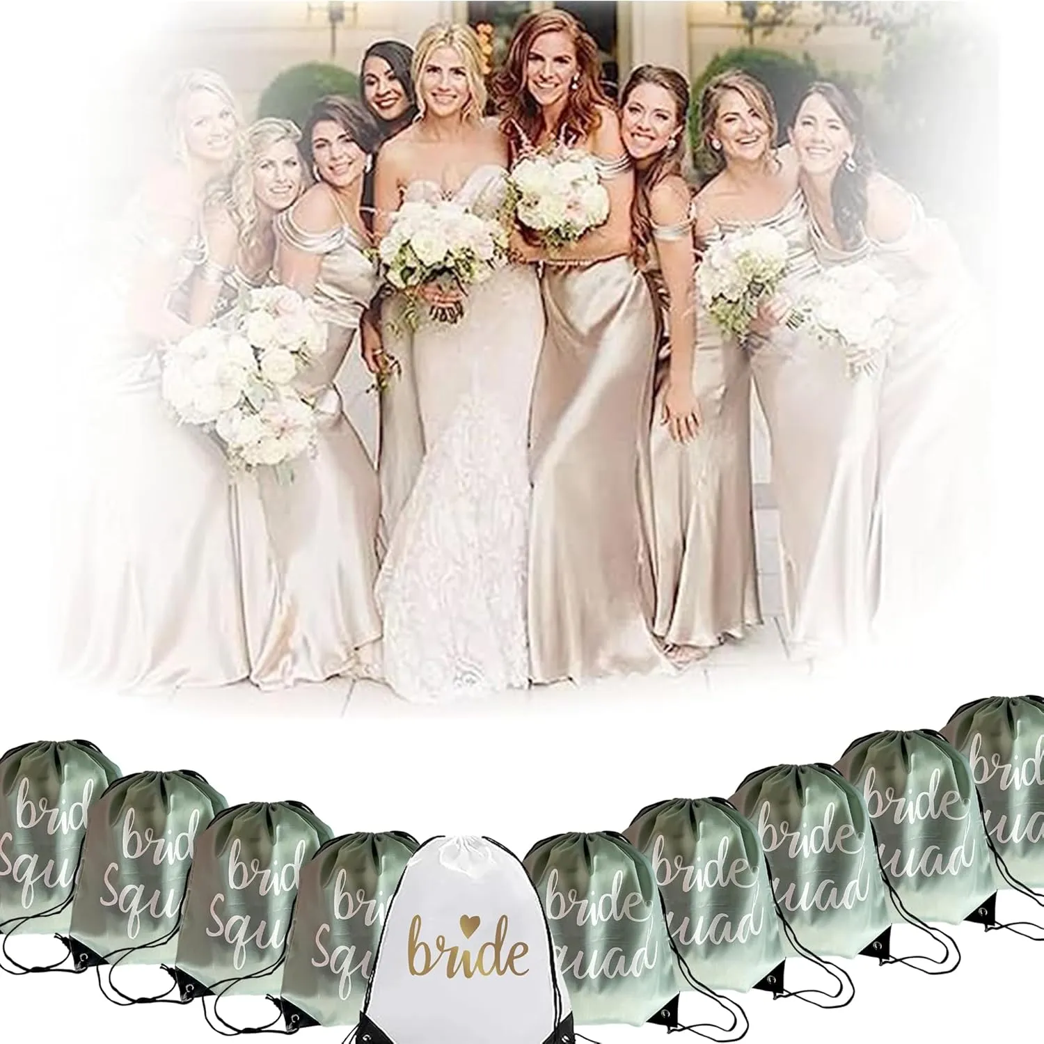 Lady & Home 10 Pieces Bridesmaid Drawstring Bag Bachelorette Bags, Bride Squad Drawstring Bag for Bachelorette Party Gift(Sage Green)