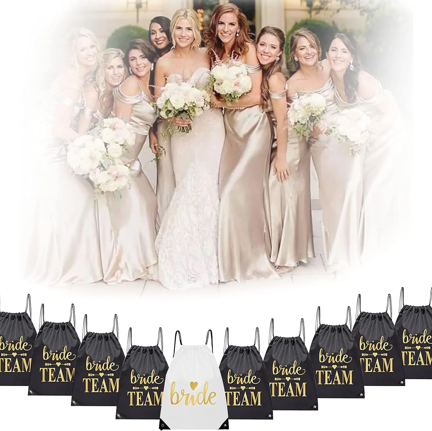 LADY&HOME 10 Packs Bride and Team Bride Drawstring Bags, Bridesmaids Gift Drawstring Bag for Bachelorette Party, Bridal Party(Black)