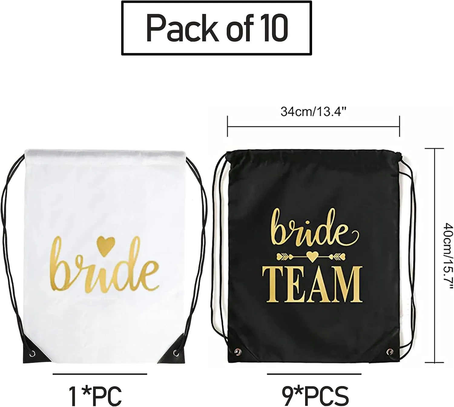LADY&HOME 10 Packs Bride and Team Bride Drawstring Bags, Bridesmaids Gift Drawstring Bag for Bachelorette Party, Bridal Party(Black)