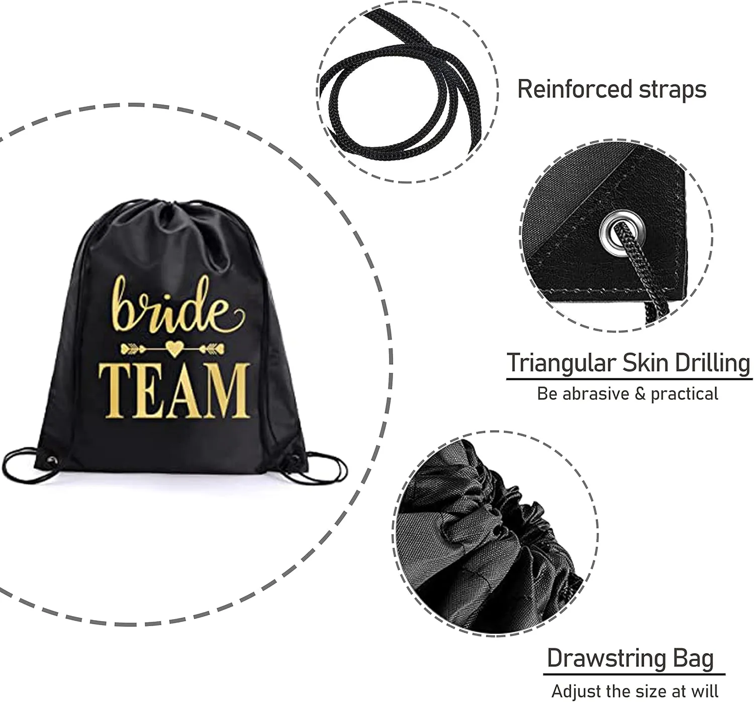 LADY&HOME 10 Packs Bride and Team Bride Drawstring Bags, Bridesmaids Gift Drawstring Bag for Bachelorette Party, Bridal Party(Black)