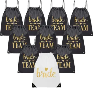 LADY&HOME 10 Packs Bride and Team Bride Drawstring Bags, Bridesmaids Gift Drawstring Bag for Bachelorette Party, Bridal Party(Black)
