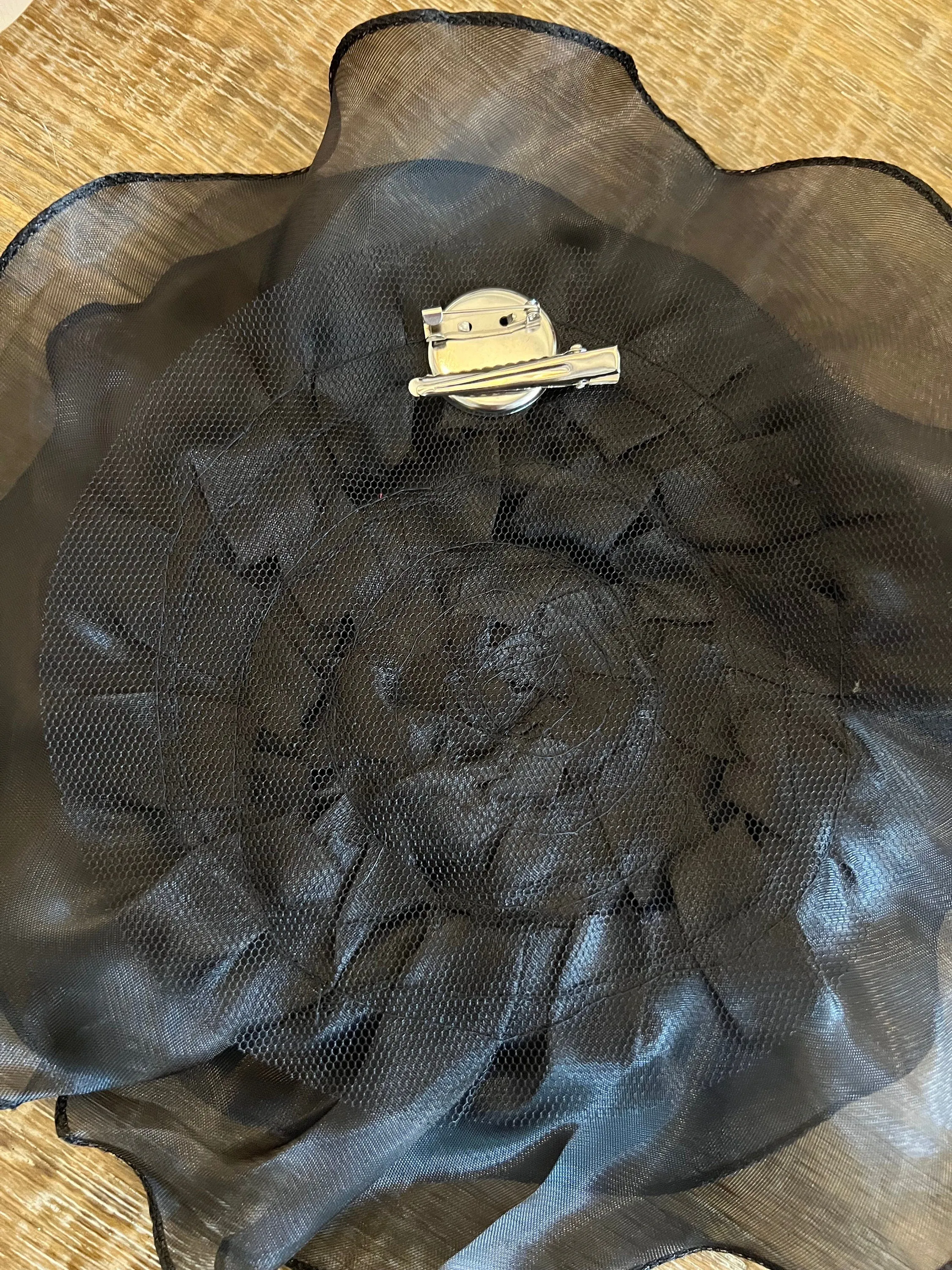 Large 3D Corsage Flower, Black, 10” Wide, Pin on Corsage, Bridal, Clothing, Dress, Hat, Accessory, FAN Design