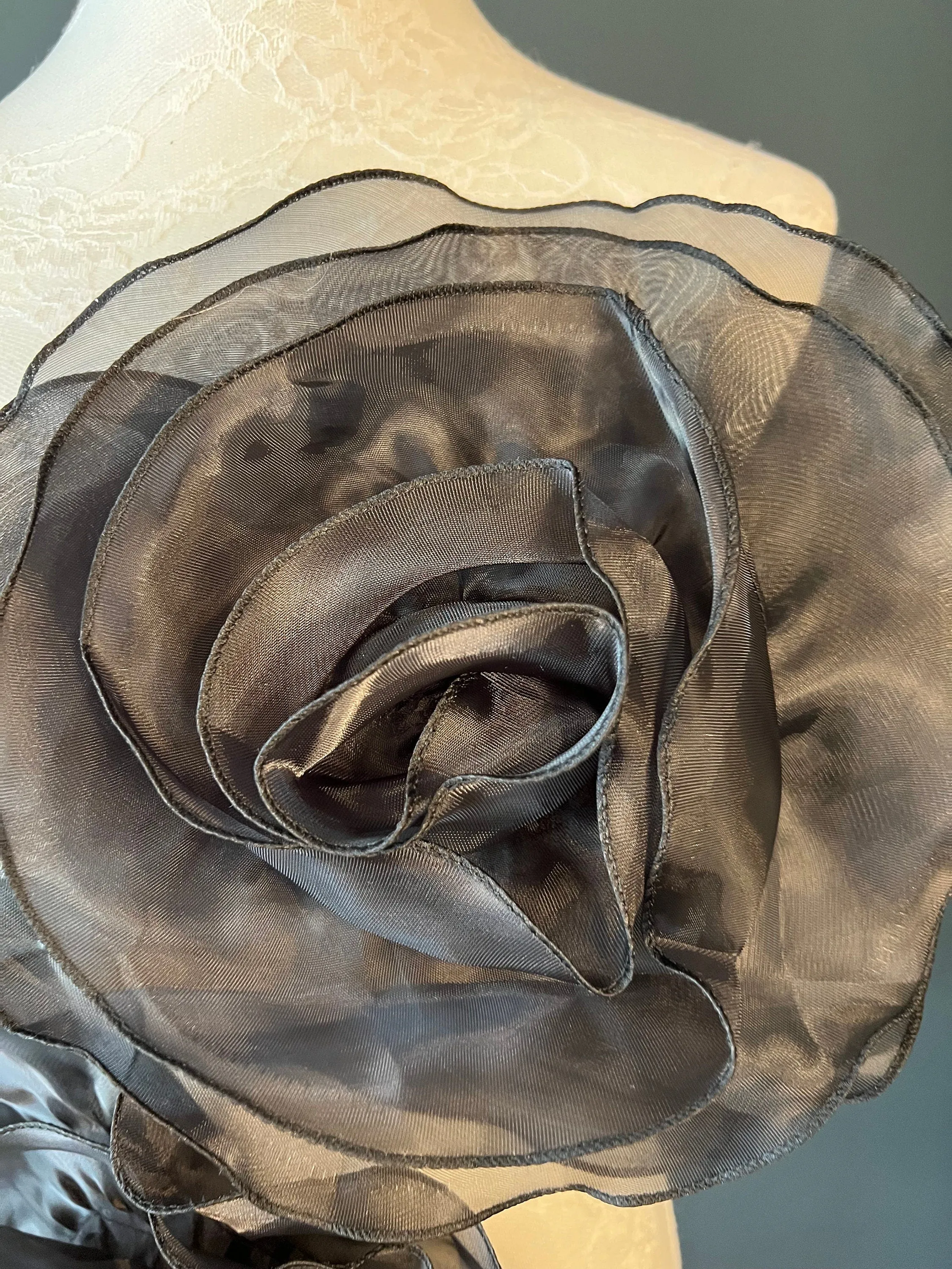 Large 3D Corsage Flower, Black, 10” Wide, Pin on Corsage, Bridal, Clothing, Dress, Hat, Accessory, FAN Design