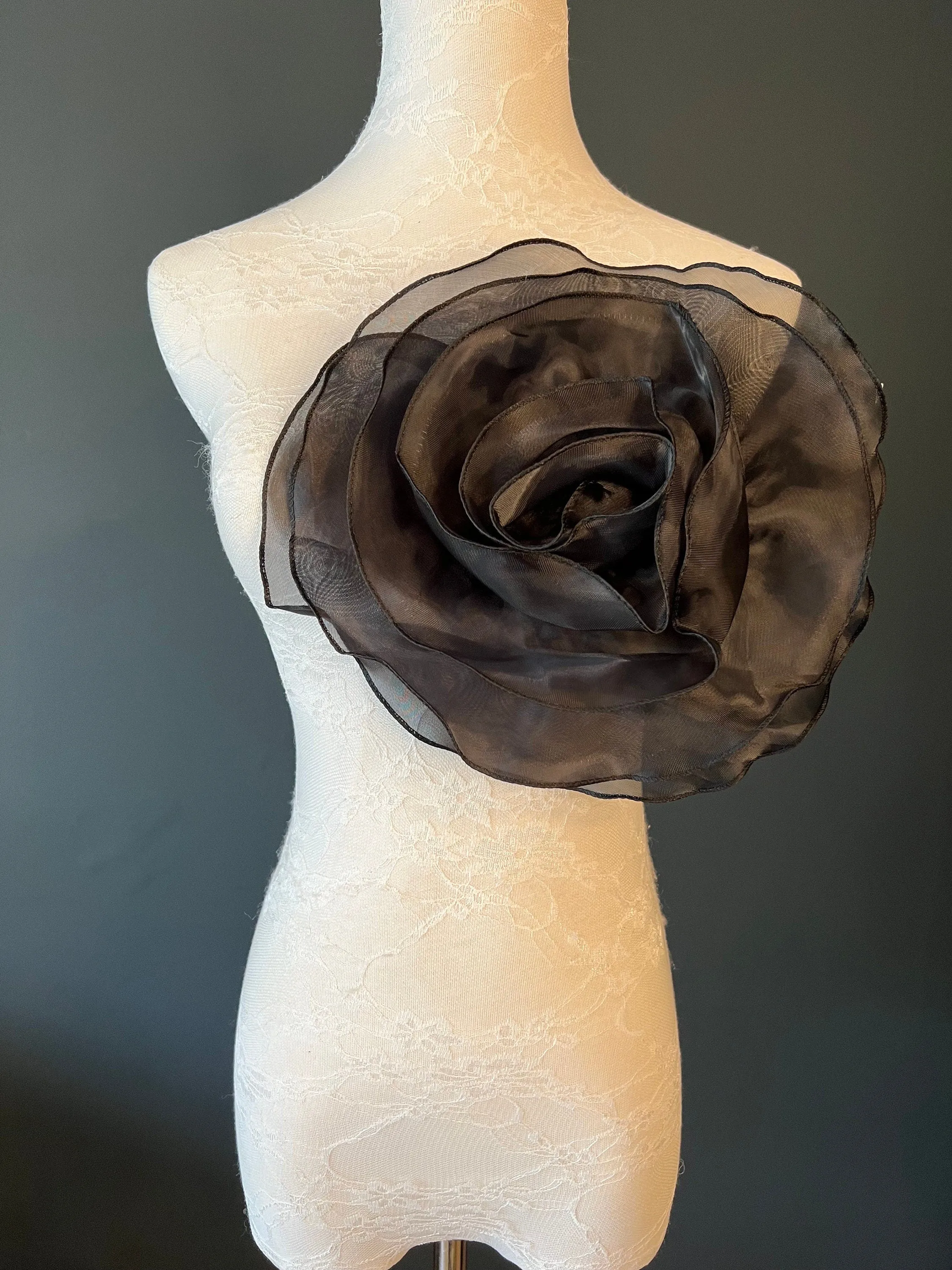 Large 3D Corsage Flower, Black, 10” Wide, Pin on Corsage, Bridal, Clothing, Dress, Hat, Accessory, FAN Design