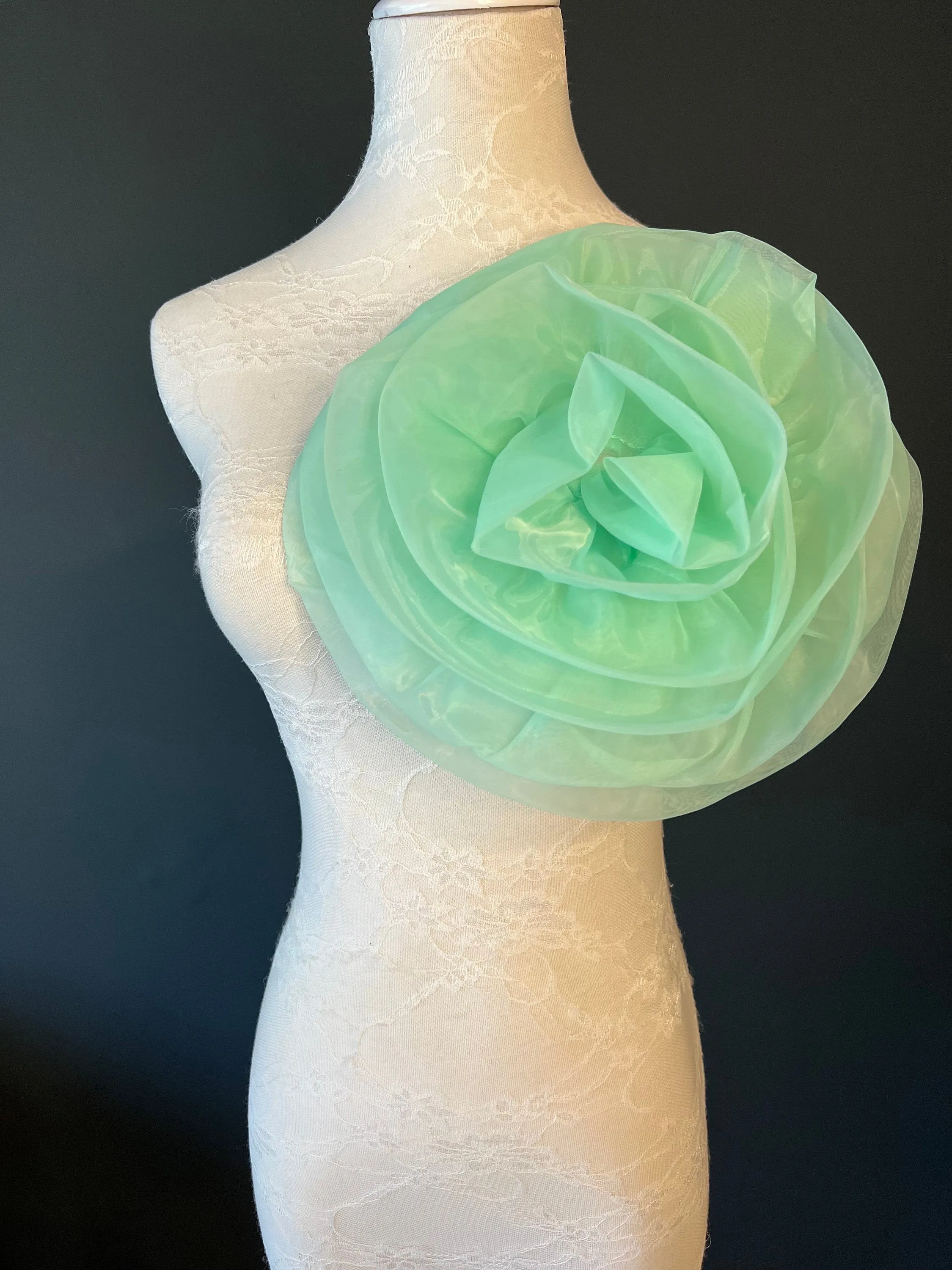 Large 3D Corsage Flower, Mint Green, 11” Wide, Pin on Corsage, Bridal, Clothing, Dress, Hat, Accessory, FAN Design