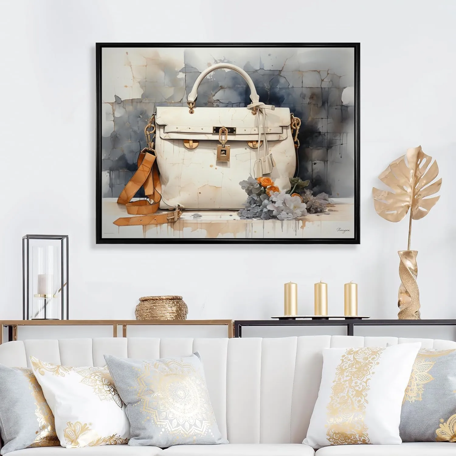 Large Balenciaga framed wall Art, Balance Bags composition Monochrome, Balenciaga framed wall art decor, Beige Glam black framed wall art, 44x34 inches black frame
