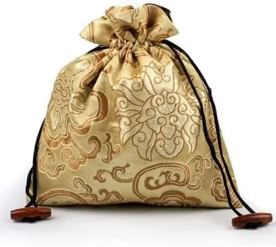 Large Chinese Silk Brocade Drawstring Pouch Necklace Storage Pouches Jewelry Packaging Bags for Bracelets with lined (6.3" W x 7.5" H, beige pattern random (2pcs))