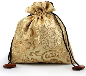 Large Chinese Silk Brocade Drawstring Pouch Necklace Storage Pouches Jewelry Packaging Bags for Bracelets with lined (6.3" W x 7.5" H, beige pattern random (2pcs))