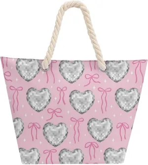 Large Tote Bag Women Silver Heart Disco Balls Hobo Bag Travel Purse Oversize Shoulder Handbag for Work Beach
