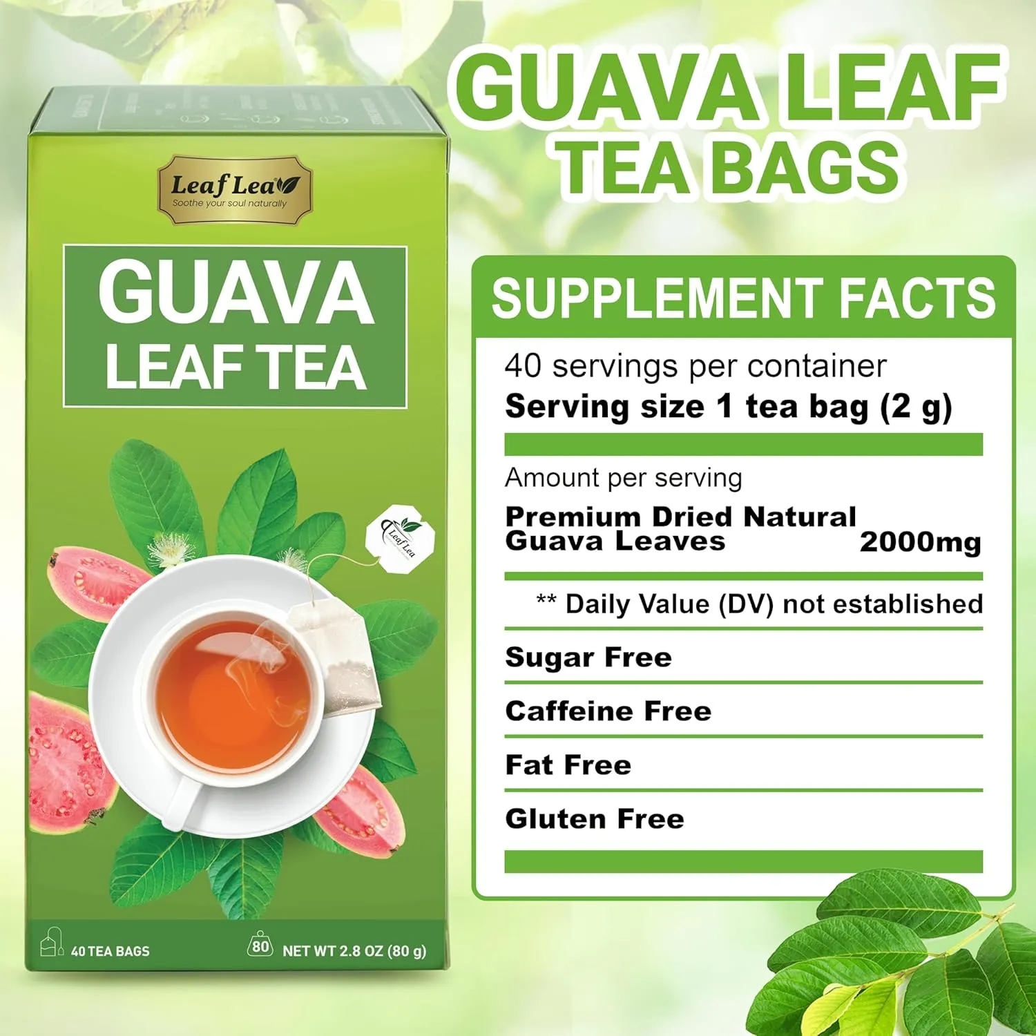 LeafLea 120 Guava Leaf Tea Bags, Premium Natural Herbal Tea, 100% Hojas De Guayaba, Caffeine-Free, Non-GMO, Supports Digestion & Immune Health, Packed with Natural Goodness