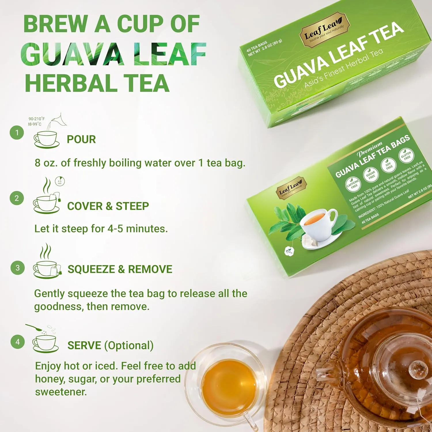 LeafLea 120 Guava Leaf Tea Bags, Premium Natural Herbal Tea, 100% Hojas De Guayaba, Caffeine-Free, Non-GMO, Supports Digestion & Immune Health, Packed with Natural Goodness