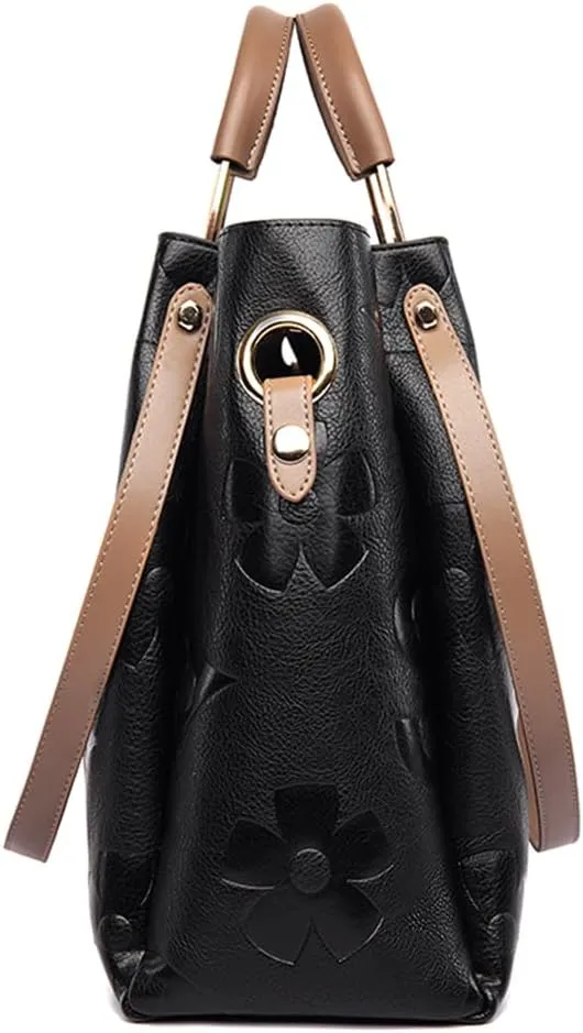 Leather Bucket Bag for Women Vintage Floral Embossed Tote Bag Shoulder Handbag Large Top Handle Satchel Handbag Trendy Purse