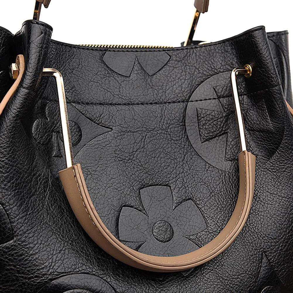 Leather Bucket Bag for Women Vintage Floral Embossed Tote Bag Shoulder Handbag Large Top Handle Satchel Handbag Trendy Purse