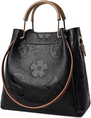 Leather Bucket Bag for Women Vintage Floral Embossed Tote Bag Shoulder Handbag Large Top Handle Satchel Handbag Trendy Purse