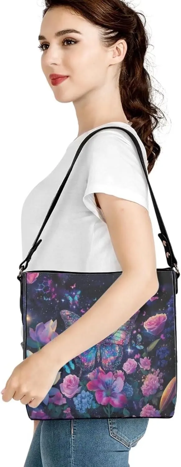 Leather Shoulder Bag Extra Large Bucket Handbags for Women Travel Party with Pockets Tote Purse Bags