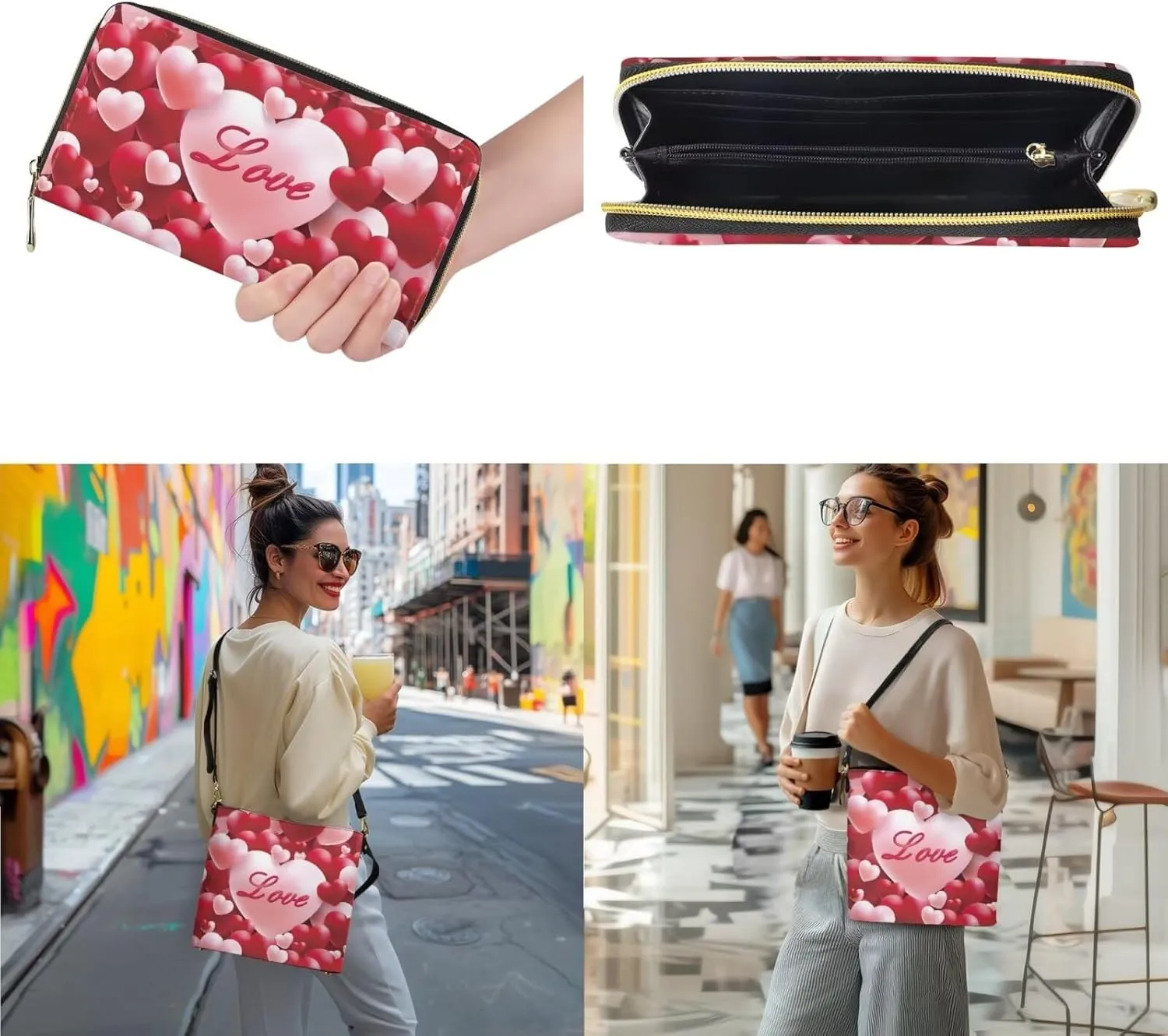 Leather Tote Bag Zipper Wallet Womens 2 Pcs Tote for Valentine's Day