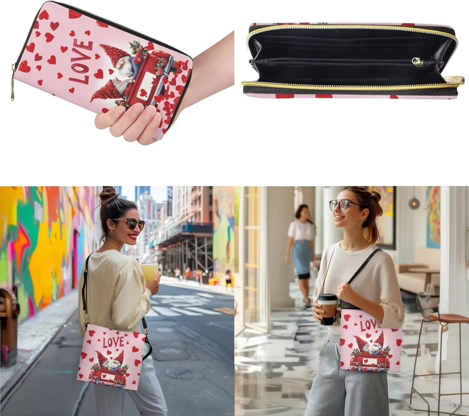 Leather Tote Bag Zipper Wallet Womens 2 Pcs Tote for Valentine's Day