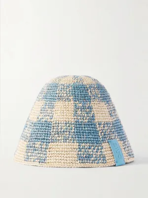 Leather-trimmed checked raffia bucket hat