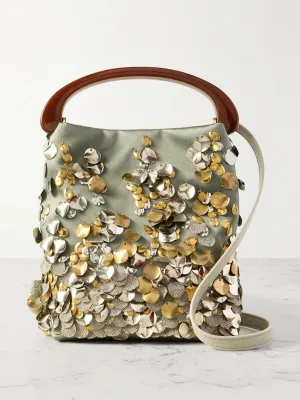 Leather-trimmed embellished satin shoulder bag