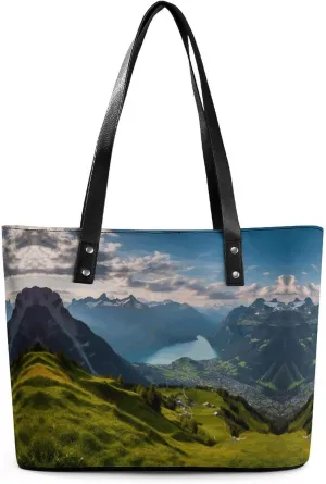 Leather Women Handbags Soft Switzerland Alps Tote Bags Top Handle Satchel Fashion Ladies Shoulder Tote Purse Large Travel Bag