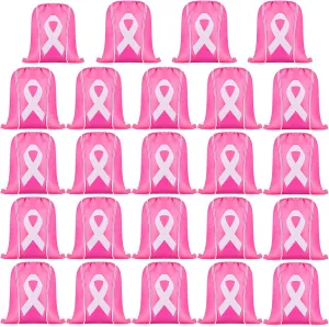 LEIFIDE Breast Cancer Awareness Items Pink Drawstring Bags Bulk Pink Ribbon String Bags for Women Charity Events Party Gifts(24 Pcs)
