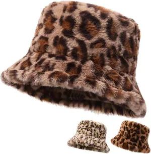 Leopard Print Faux Fur Bucket Hat for Women Cheetah Print Fluffy Furry Fisherman Cap Foldable Winter Warm Outdoor