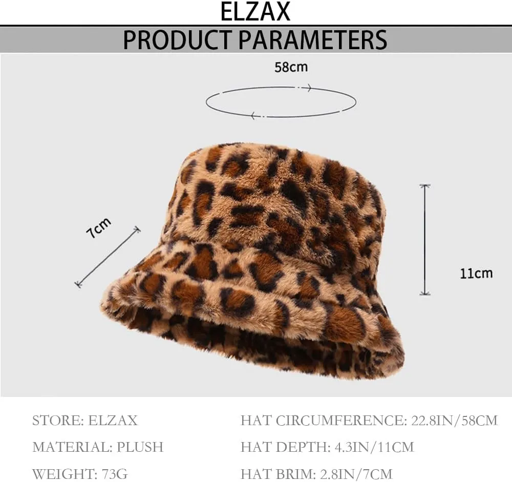 Leopard Print Faux Fur Bucket Hat for Women Cheetah Print Fluffy Furry Fisherman Cap Foldable Winter Warm Outdoor