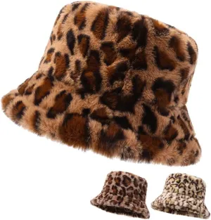 Leopard Print Faux Fur Bucket Hat for Women Cheetah Print Fluffy Furry Fisherman Cap Foldable Winter Warm Outdoor