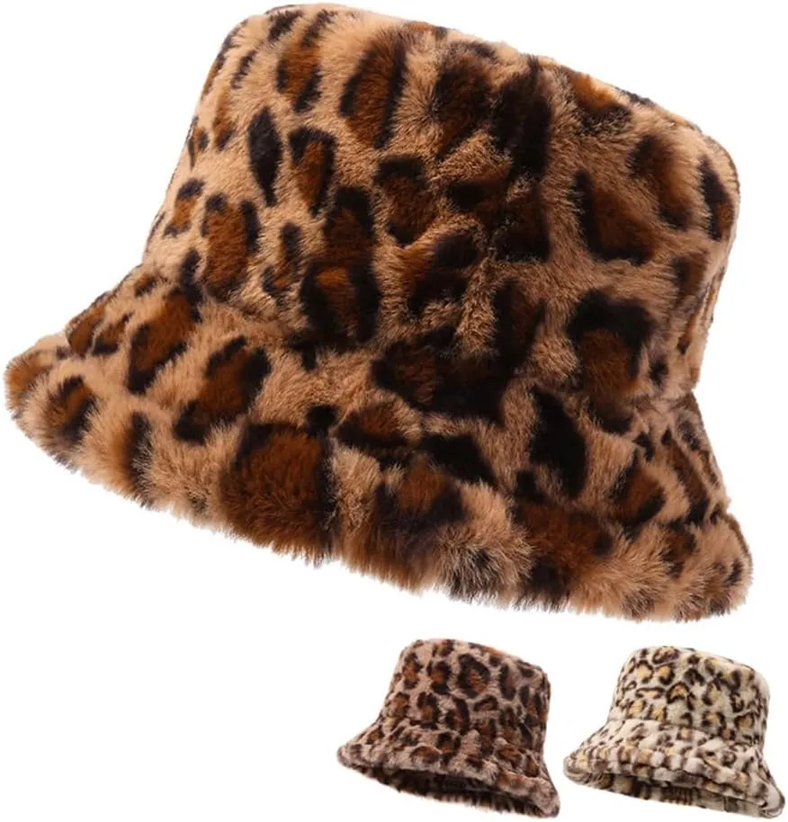 Leopard Print Faux Fur Bucket Hat for Women Cheetah Print Fluffy Furry Fisherman Cap Foldable Winter Warm Outdoor