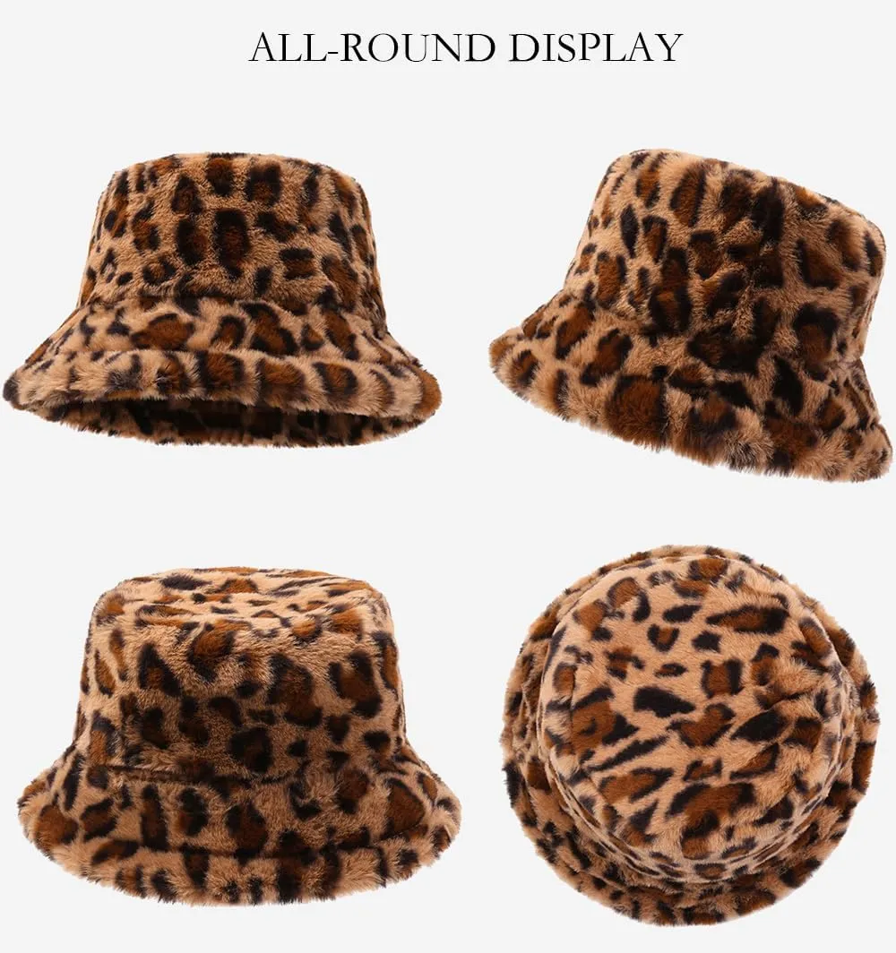 Leopard Print Faux Fur Bucket Hat for Women Cheetah Print Fluffy Furry Fisherman Cap Foldable Winter Warm Outdoor