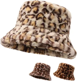 Leopard Print Faux Fur Bucket Hat for Women Cheetah Print Fluffy Furry Fisherman Cap Foldable Winter Warm Outdoor