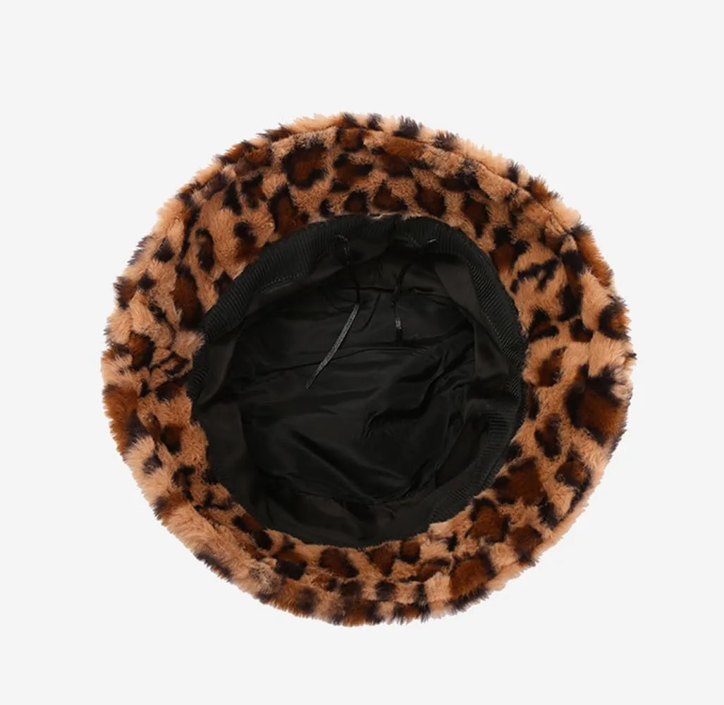 Leopard Print Faux Fur Bucket Hat for Women Cheetah Print Fluffy Furry Fisherman Cap Foldable Winter Warm Outdoor