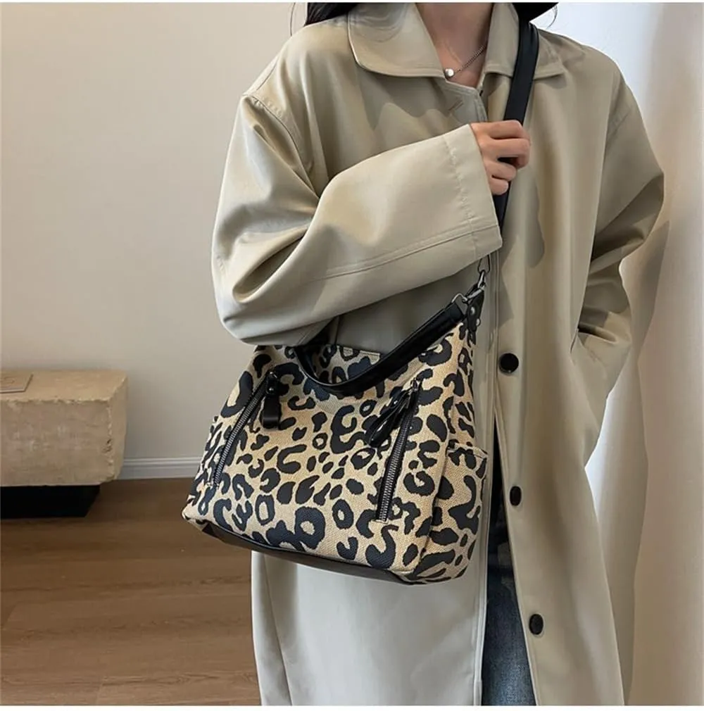 Leopard Print Tote Bag Cheetah Print Hobo Shoulder Bucket Bag Large Leopard Crossbody Handbag and Purse for Women