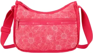 LeSportsac Summer Garden Flower Classic Hobo Crossbody Bag   Cosmetic Bag, Style 7520/Color E904, Botanical Gardens Exclusive Collaboration, Sketch Style White Flower Illustrations, Raspberry