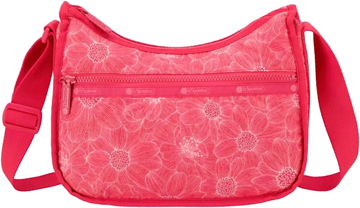 LeSportsac Summer Garden Flower Classic Hobo Crossbody Bag   Cosmetic Bag, Style 7520/Color E904, Botanical Gardens Exclusive Collaboration, Sketch Style White Flower Illustrations, Raspberry