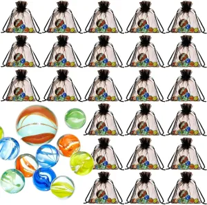 Lewtemi 24 Set Glass Marbles Assorted Colors Shooter Marbles with Black Drawstring Storage Bag Classic Cat Eye Mix Set or Indoor and Outdoor Game Party Favors for Bounce, Chinese Checkers Board Game
