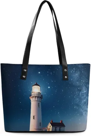 Lighthouse Under Starry Night Leather Lady's Handbag Crossbody Purse for Women Ladies Soft Shoulder Bag Medium Roomy Handbag Fashion Tote Top Handle Satchel