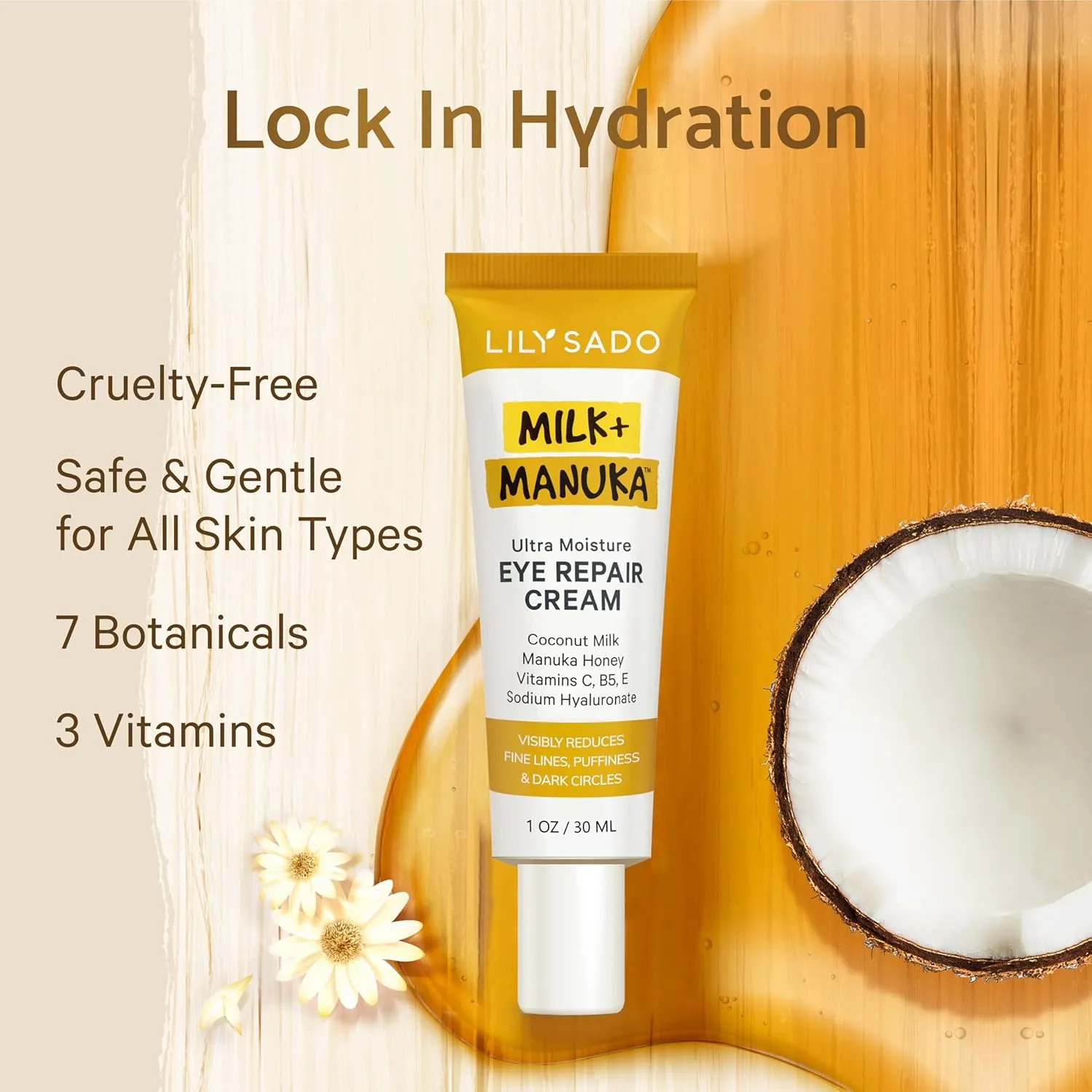 LILY SADO MILK MANUKA™ Eye Repair Cream - Anti-Aging Natural Gentle Formula w/Coconut Milk, Manuka Honey, Sodium Hyaluronate & VITS C, B5 & E - Prevents Puffiness, Under-eye Wrinkles & Eye Bags - 1oz