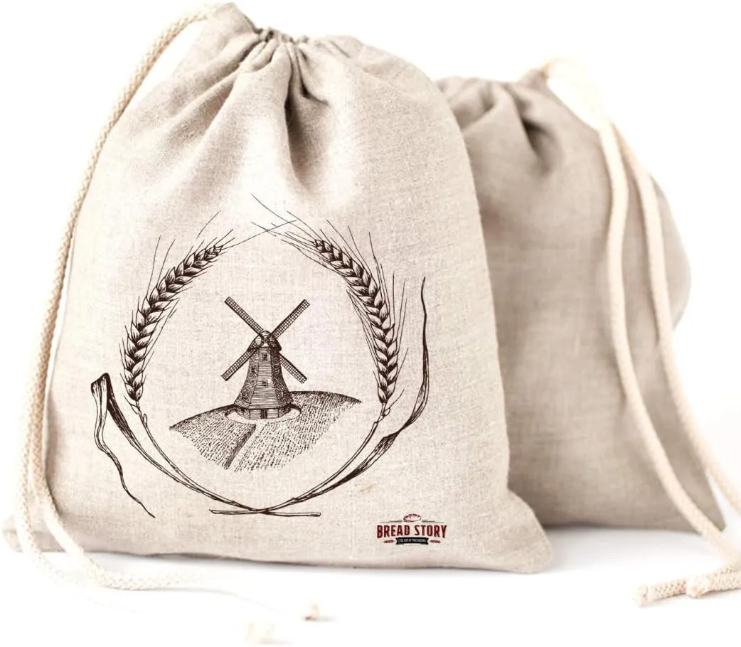 Linen Bread Bags - 2-Pack 11 x 15" Special Art Design Natural Unbleached Linen Reusable Food Storage for Homemade Artisan Bread
