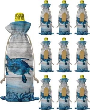 Linen Wine Gift Bag Summer Ocean Watercolor Sea Turtle Seaweed Marine Life Old Plank Wood Blue Wine Bottle Covers Wrapping Bags With Drawstring for Wedding Birthday Party 10 Pieces