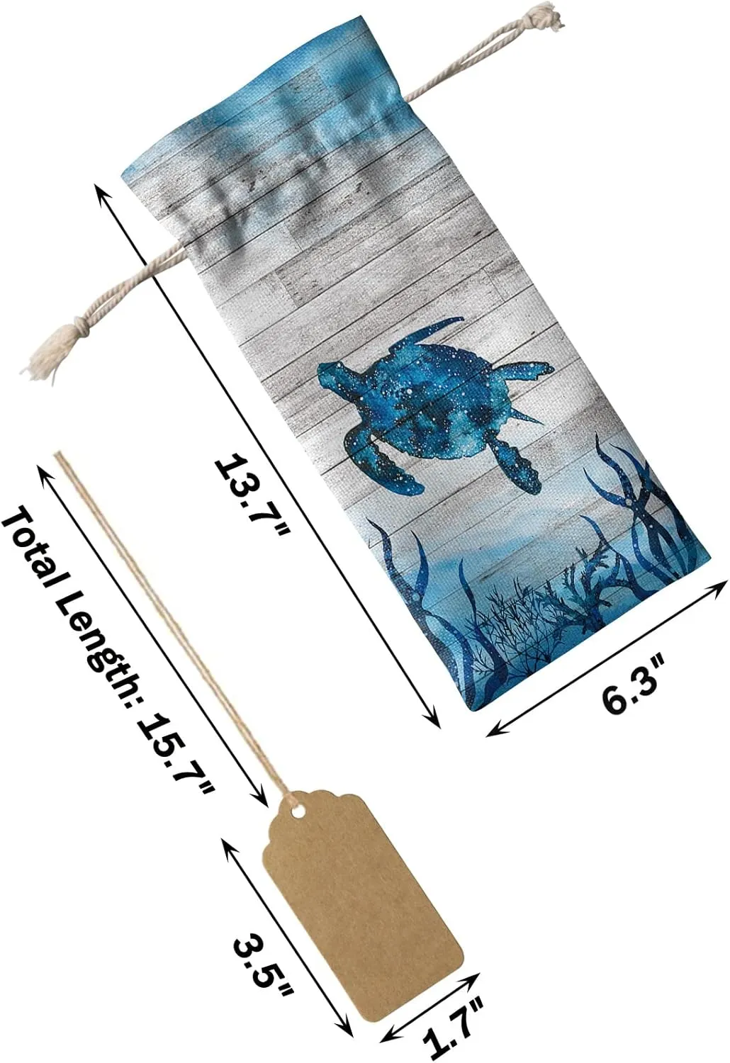 Linen Wine Gift Bag Summer Ocean Watercolor Sea Turtle Seaweed Marine Life Old Plank Wood Blue Wine Bottle Covers Wrapping Bags With Drawstring for Wedding Birthday Party 10 Pieces
