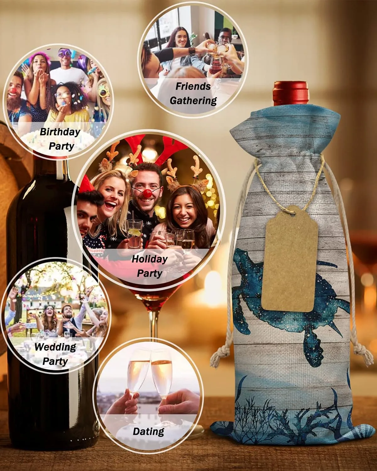 Linen Wine Gift Bag Summer Ocean Watercolor Sea Turtle Seaweed Marine Life Old Plank Wood Blue Wine Bottle Covers Wrapping Bags With Drawstring for Wedding Birthday Party 10 Pieces