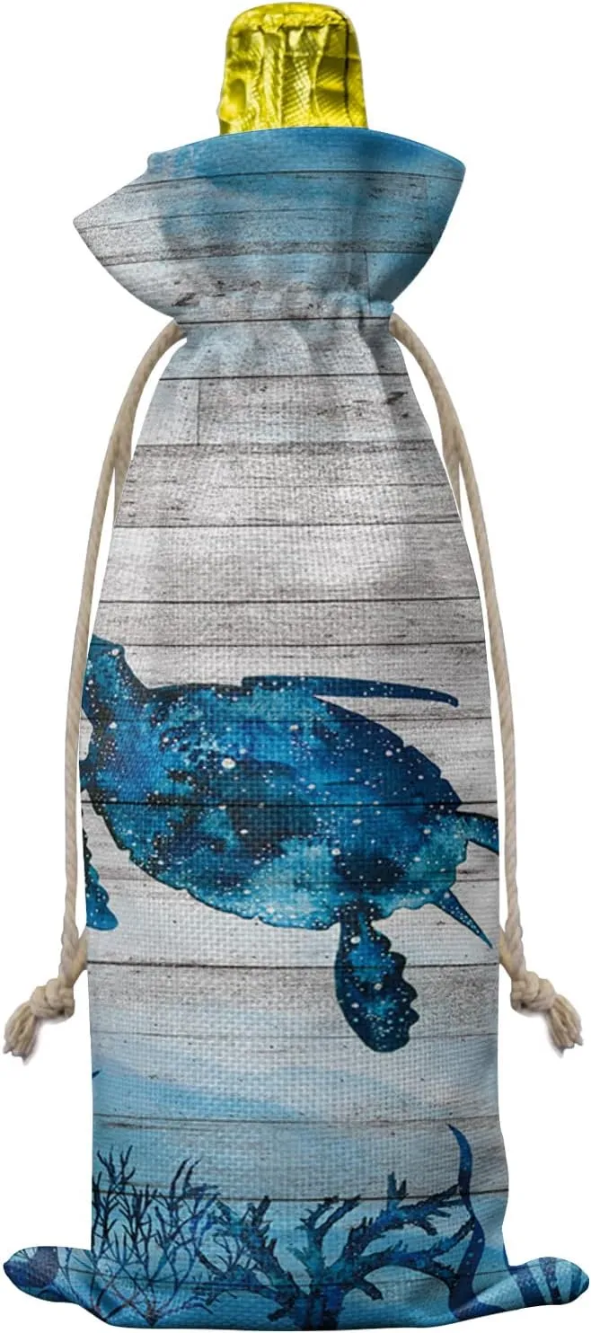 Linen Wine Gift Bag Summer Ocean Watercolor Sea Turtle Seaweed Marine Life Old Plank Wood Blue Wine Bottle Covers Wrapping Bags With Drawstring for Wedding Birthday Party 10 Pieces